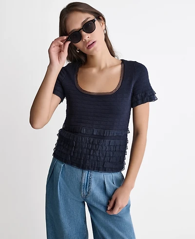 Bcbg Women's Pointelle Ruffle Short-Sleeve Sweater