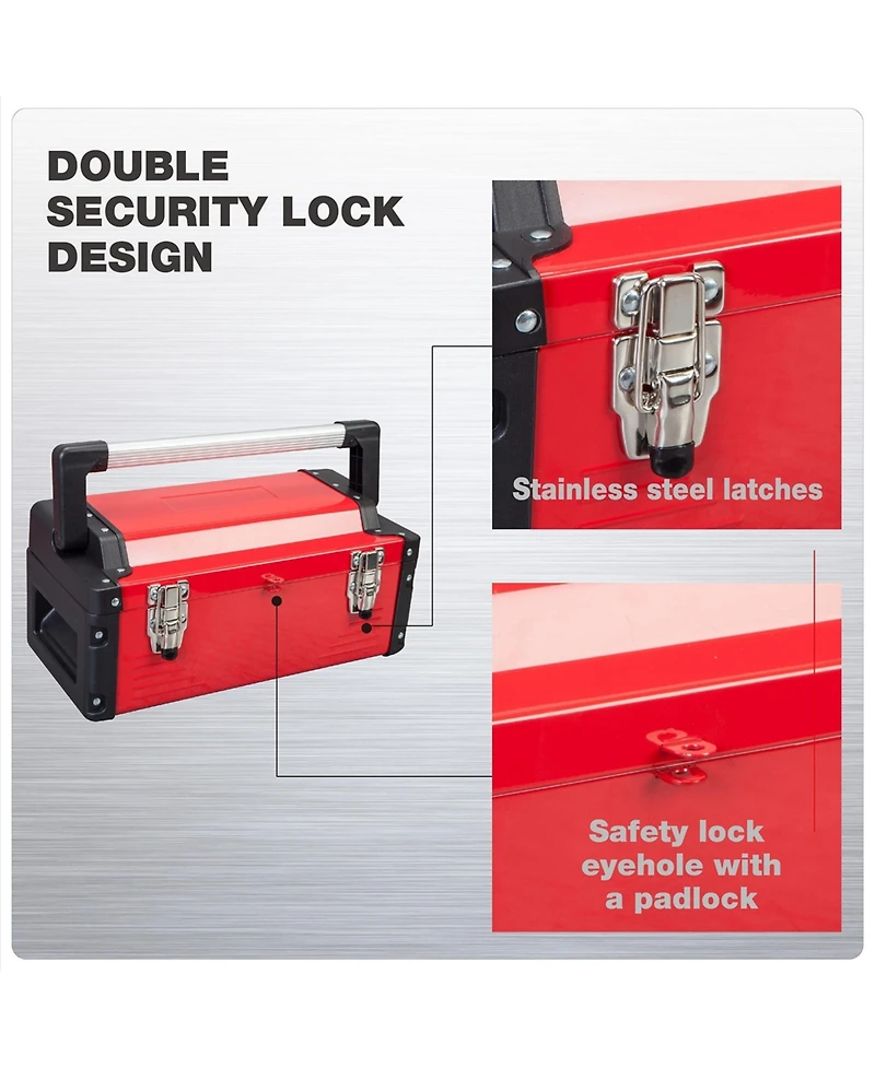 Xdovet Metal Toolbox 16" Steel Organizer Portable Double-Lock Removable Tray