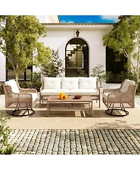 Asagikoiai 4-Piece Outdoor Conversation Set, Modular Pe Wicker Couch with Wood Coffee Table