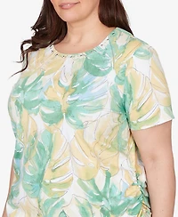 Alfred Dunner Plus Tropical Leaf Beaded Neck Ruched T-Shirt