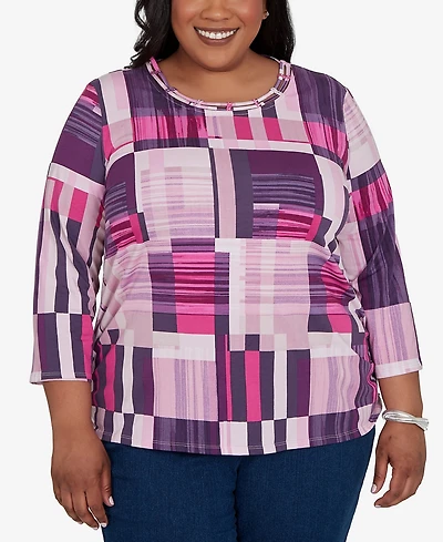 Alfred Dunner Plus Purple Bars Ruched Sides Top