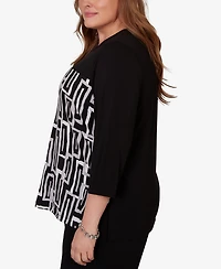 Alfred Dunner Plus Spliced Geometric Puff Print Top