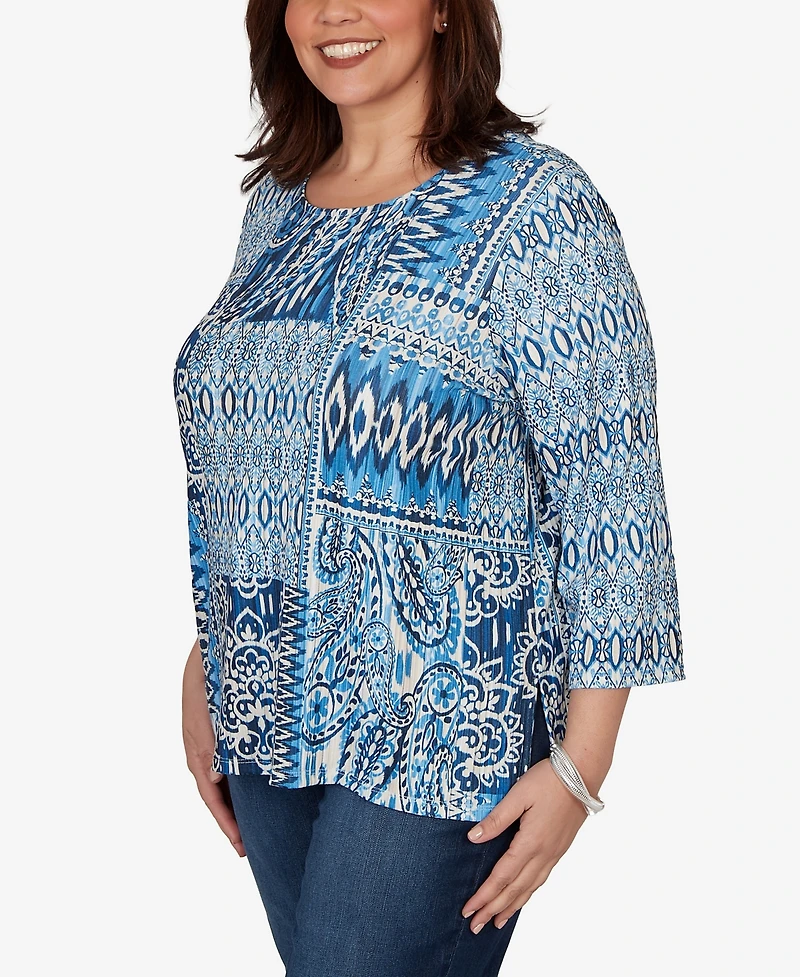 Alfred Dunner Plus Medallion Navy Patchwork Knit Top