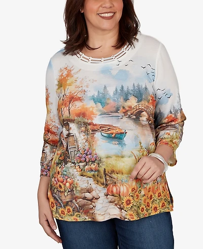 Alfred Dunner Plus Autumn Lake Scenic Print Top