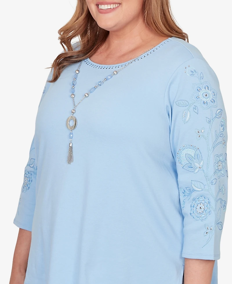 Alfred Dunner Plus Embroidered Floral Sleeve Accent Top with Necklace