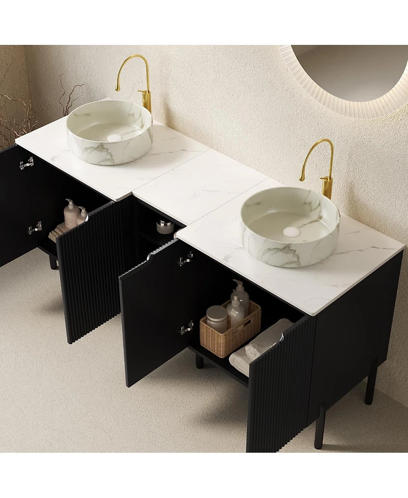 Sillysis Inch Bathroom Vanity with Double Vessel Sinks, Sintered Stone Countertop, Soft Close Doors
