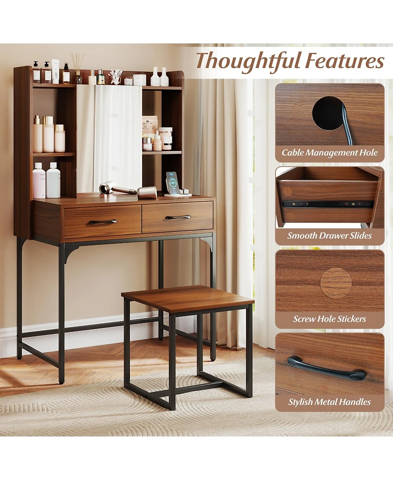 Volenca Vanity Desk with Storage Drawers, Charging Station, and Stool