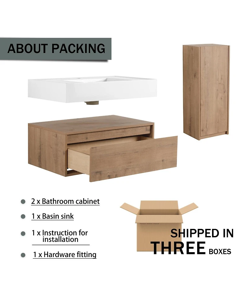 Sillysis 29.5 Inch Wall Mounted Modern Bathroom Vanity with Resin Sink, Soft Close Drawer