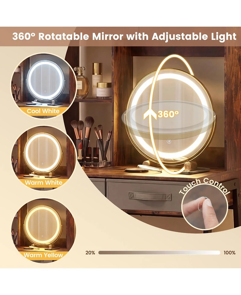 Volenca Vanity Desk with Rotatable Mirror, 3-Color Lights, and Charging Station