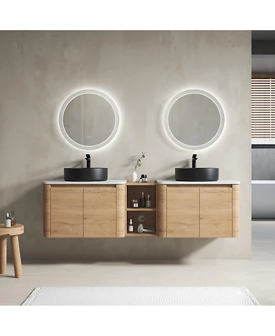 Sillysis 71 Inch Wall Mounted Double Bathroom Vanity with Stone Countertop, Ceramic Vessel Sinks