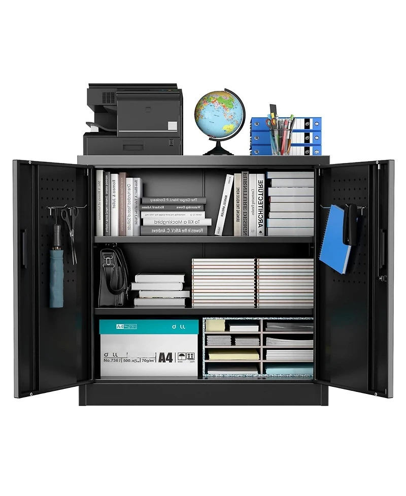 Boyel Living Metal Office Storage Cabinet with Pegboard, Lockable Filing Credenza with Adjustable Shelves for Home and Garage