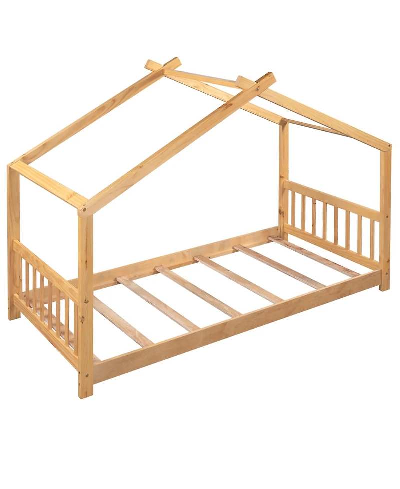 flynama Twin Size Natural Wood House Platform Bed with Headboard Footboard Roof Design and Open Concept