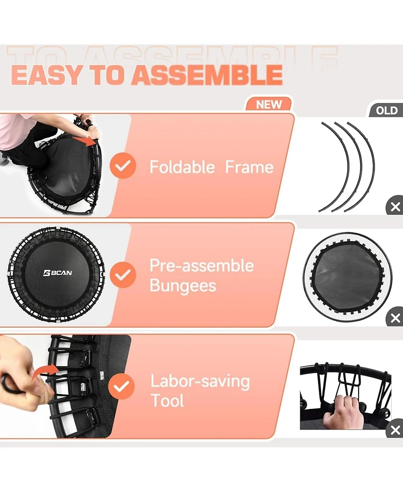 Bcan 450/550LBS Foldable Mini Trampoline for Adults, 40/48 inches Fitness Rebounder with Bungees, Quiet Stable Exercise
