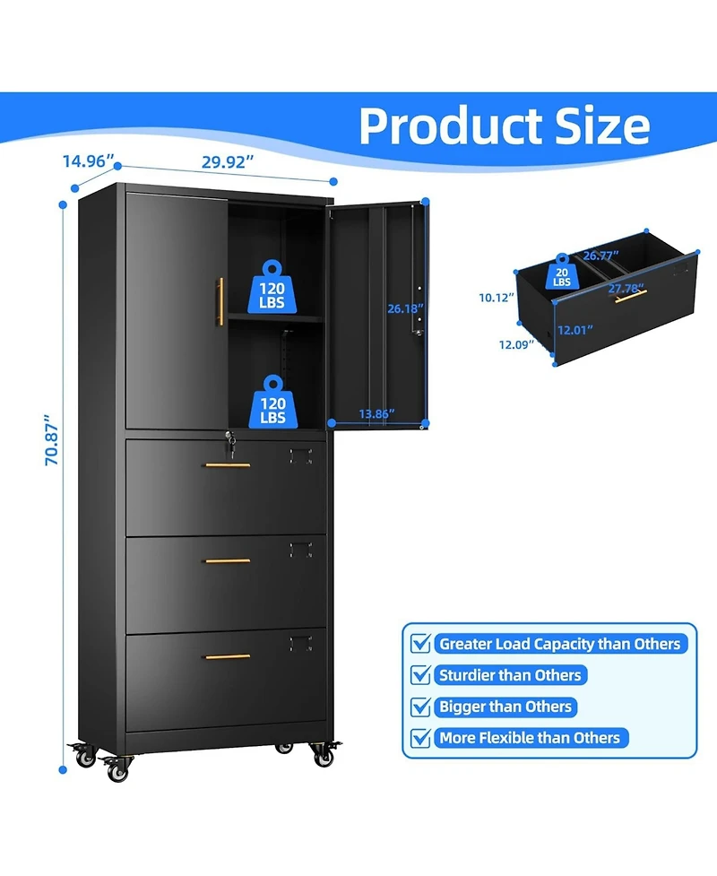 Boyel Living Metal File Cabinet with 3 Drawers and Shelf, Lockable Rolling Office Storage Organizer for Letter/A4 Size