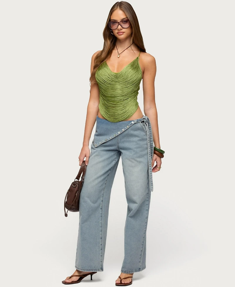 Edikted Womens Elenie Fringed Cowl Neck Top
