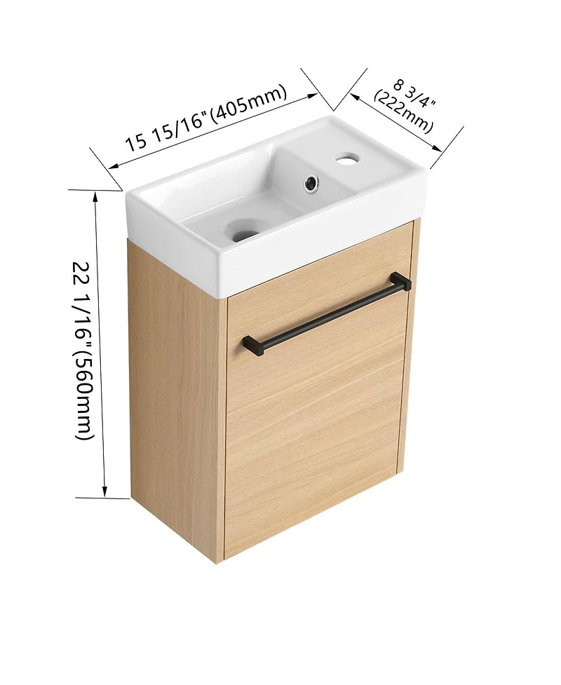 Sillysis 16 Inch Wall Mounted Bathroom Vanity with Ceramic Sink, Soft Close Door, Modern Floating Cabinet for Small Spaces