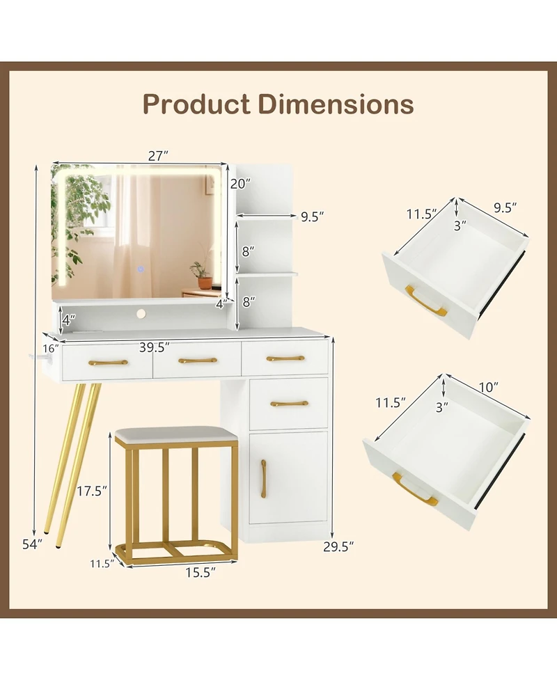 Volenca Lighted Vanity Set with Mirror, Adjustable Brightness, and Stool, 54-inches Tall