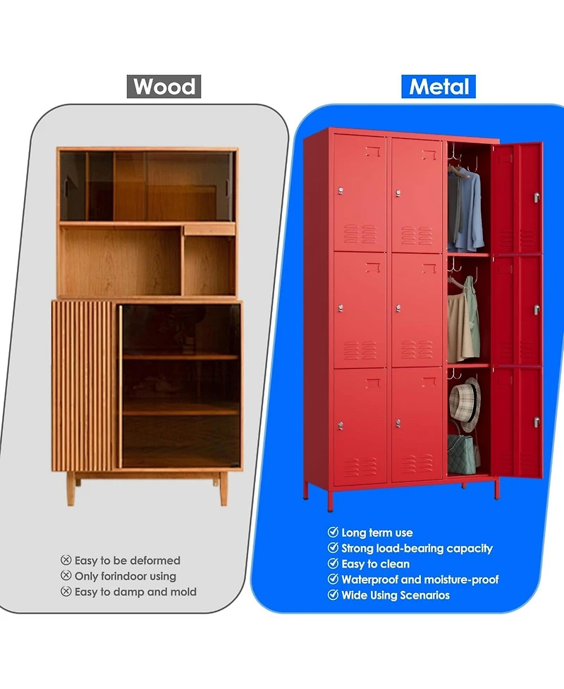 Boyel Living 9-Door Metal Locker with Business Card Holders and Hooks, Vented Employee Storage Cabinet for Gym Office