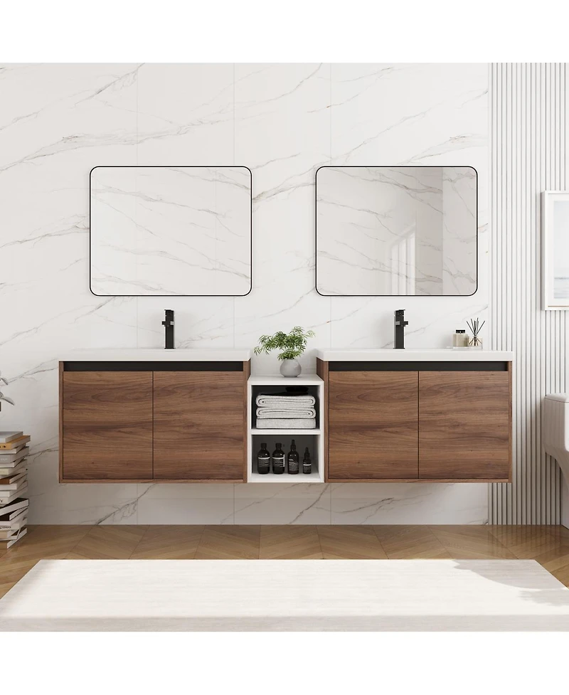 Sillysis Inch Wall Mounted Double Bathroom Vanity with Dual Resin Sinks and Open Storage Shelves for Modern Master Bath