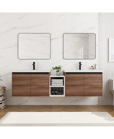 Sillysis Inch Wall Mounted Double Bathroom Vanity with Dual Resin Sinks and Open Storage Shelves for Modern Master Bath