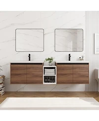 Sillysis Inch Wall Mounted Double Bathroom Vanity with Dual Resin Sinks and Open Storage Shelves for Modern Master Bath