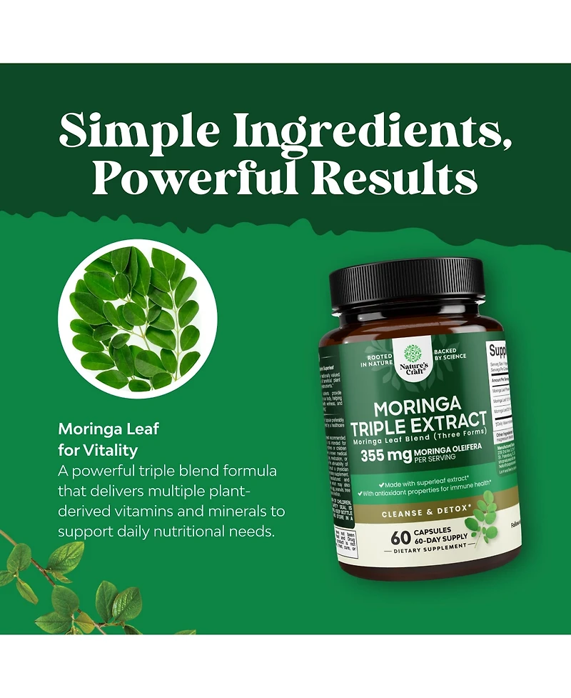 Nature's Craft Moringa Capsules Triple Extract Immune and Oxidative Stress Support, Non Gmo 60 Capsules