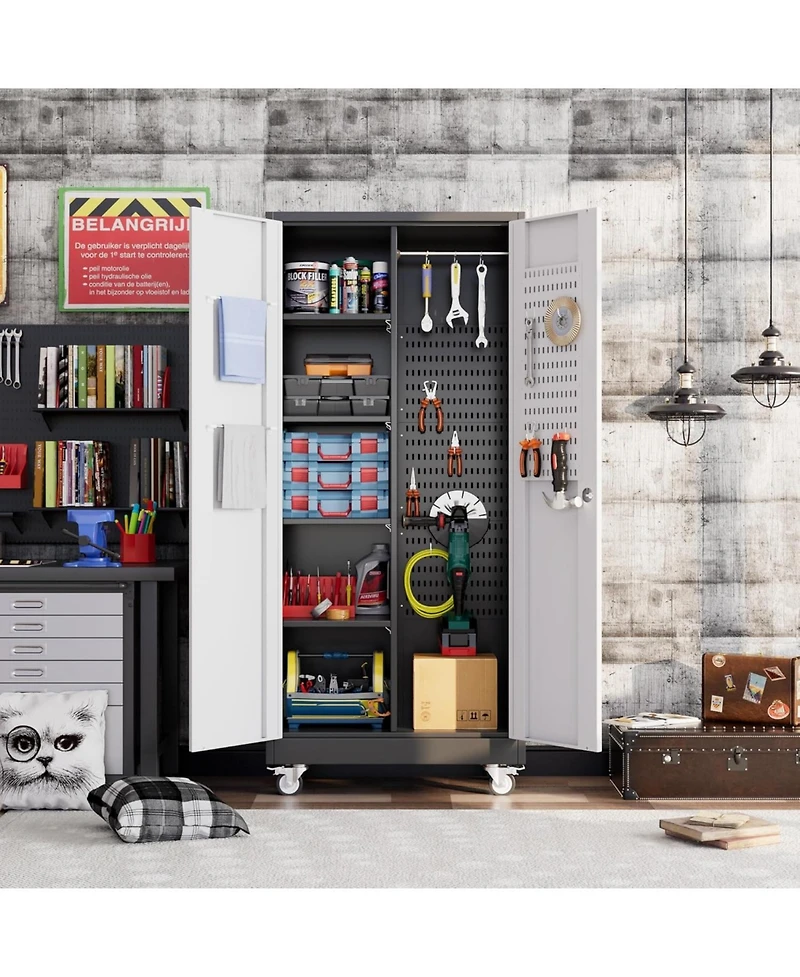 Boyel Living 71" Broom Closet Storage Cabinet with Wheels, Lockable Metal Organizer with Pegboard and Hooks for Garage