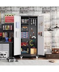 Boyel Living 71" Broom Closet Storage Cabinet with Wheels, Lockable Metal Organizer with Pegboard and Hooks for Garage