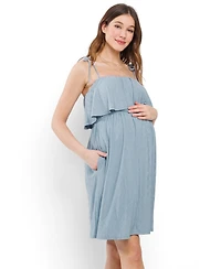 Hello Miz Women's Maternity Sleeveless Tie Shoulder Overlay Dress with Pockets
