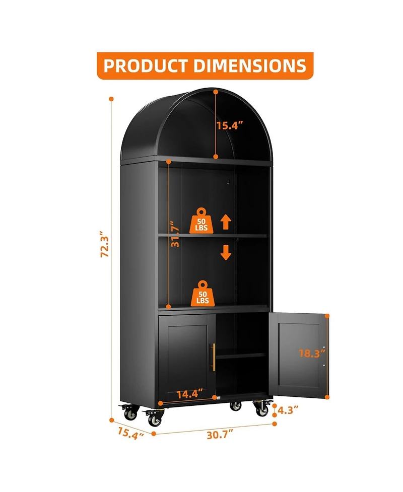 Boyel Living Arched Metal Bookcase with Wheels, Modern Display Shelf and Cabinet with Gold Handles and Glass Doors