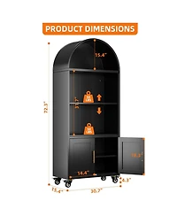 Boyel Living Arched Metal Bookcase with Wheels, Modern Display Shelf and Cabinet with Gold Handles and Glass Doors