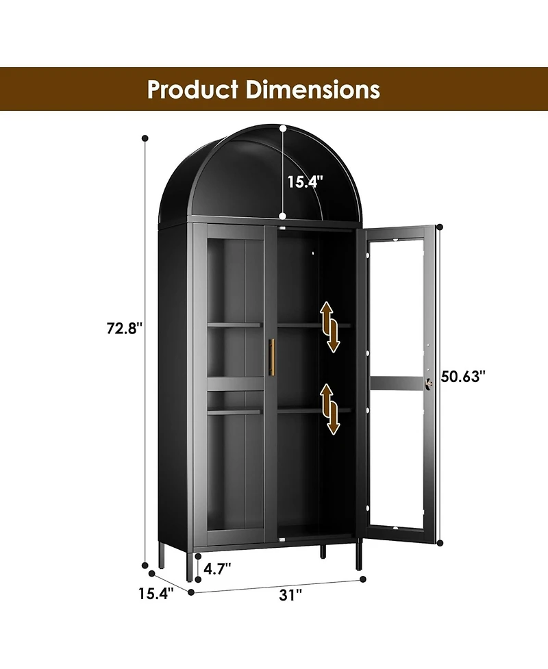 Boyel Living Metal Arched Display Cabinet with Lock, Glass Door Pantry Hutch and Bookshelf for Dining Room