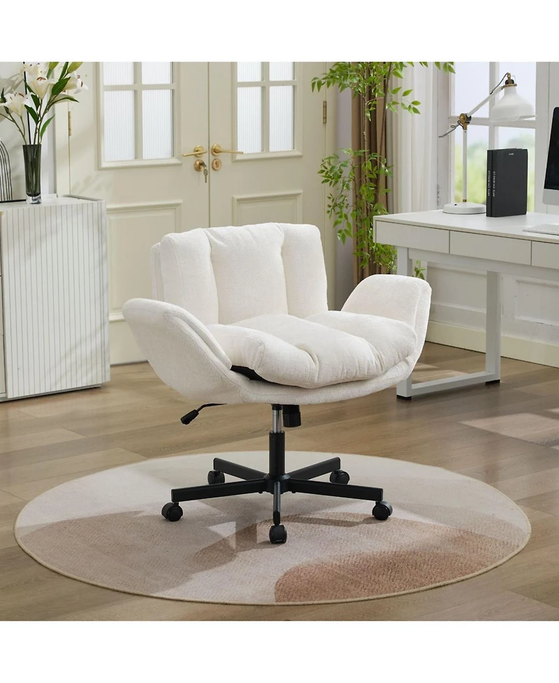 Rainsken Modern Chenille Swivel Office Chair, with Wheels and Outward-Folding Arms, Built-in Dynamic Airbag Lumbar Support,for Home Office, Apartment
