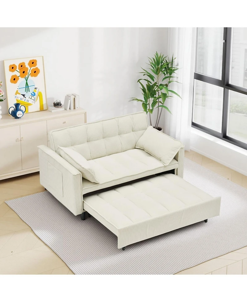 Rainsken 3 1 Convertible Sleeper Sofa Bed, with Toss Pillows, Pockets, Corduroy Loveseat Pull-Out Couch, for Small Apartment, Living Room, Office
