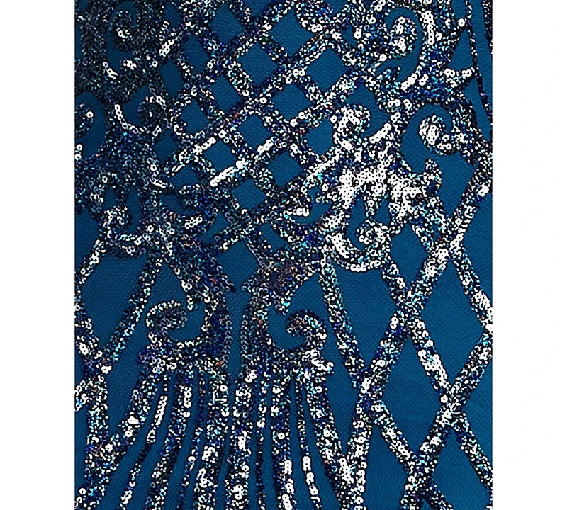 B Darlin Juniors' V-Neck Pattern Sequin Spaghetti Straps Dress