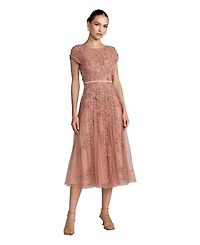 Mac Duggal Women's Floral Embellished Cap Sleeve Midi Dress