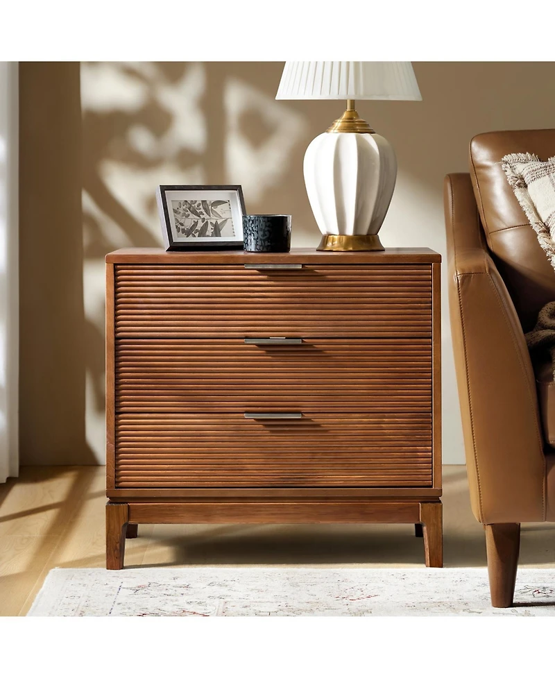 Hulala Home William Mid-Century Modern 28"W 3-Drawer Fluted End Table with Charging Station