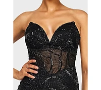 Alex & Sophia Juniors' Strapless V-Neck Sequin Beaded Dress