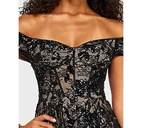 Alex & Sophia Juniors' Off-The-Shoulder Lace Sequin Dress
