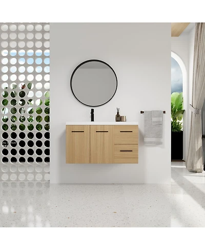 Sillysis 36 Inch Wall Mounted Bathroom Vanity with Drawers, Resin Sink, Soft Close Doors