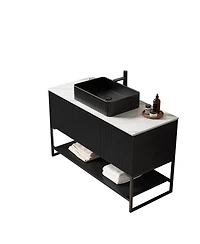 Sillysis 48 Inch Modern Bathroom Vanity with Ceramic Vessel Sink, Sintered Stone Countertop, Soft Close Doors
