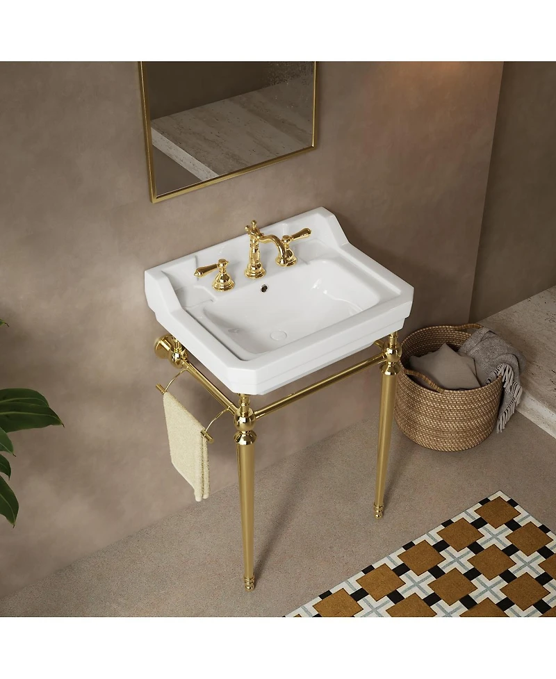 Sillysis Bathroom Console Sink with White Ceramic Vanity, Wall Mounted Basin and Stainless Steel Legs, Towel Bar Included