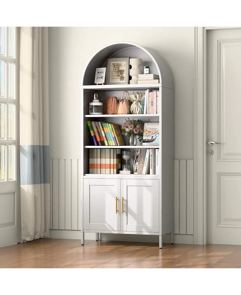 Boyel Living Arched Bookcase Cabinet with Glass Doors, Modern Farmhouse Display Shelf and Open Storage Hutch