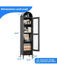 Boyel Living 73'' Metal Arched Bookcase Cabinet, Glass Door Display Shelf with Drawer for Living Room Office