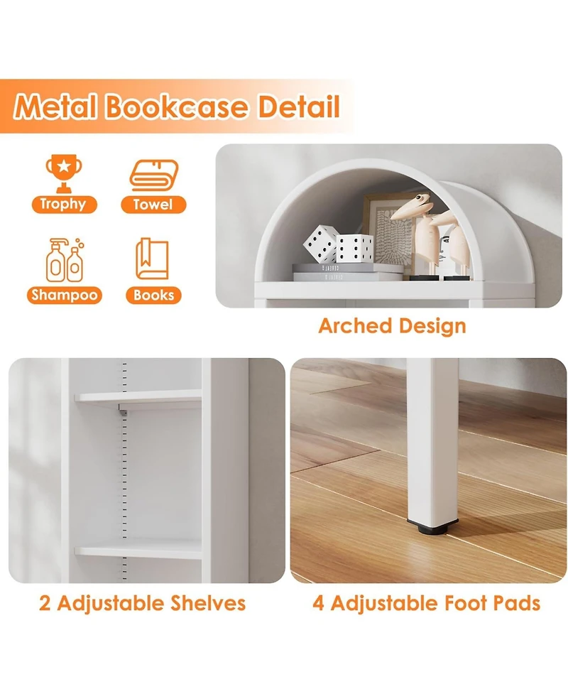 Boyel Living 63" H Arch Display Bookcase, Metal Pantry Storage Shelf with 2 Adjustable Shelves for Kitchen Office
