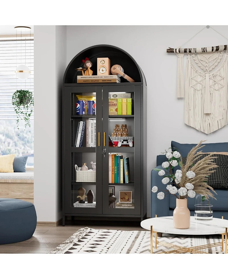 Boyel Living 78.7" Metal Arched Display Cabinet with Glass Doors and Led Lights, Lockable Bookshelf with Adjustable Shelves