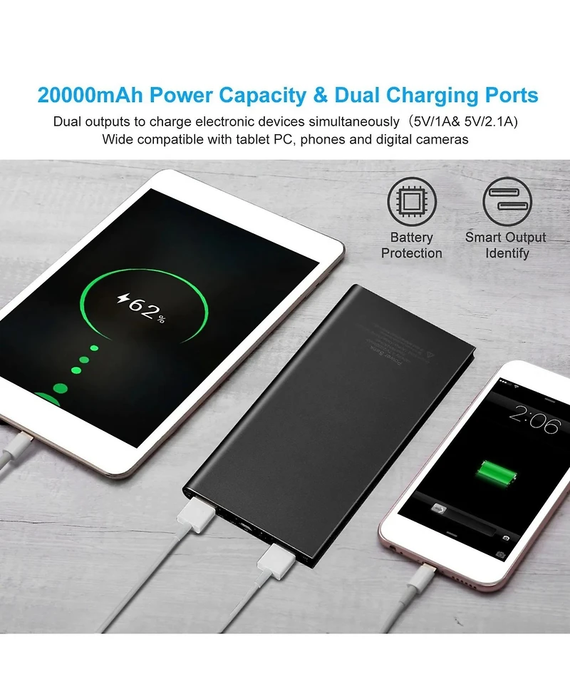 Gonez 20000mAh Ultra-Thin Portable Charger Power Bank, Dual Output External Battery Pack with Led Flashlight for Phone Travel Use