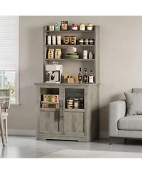 homfan Farmhouse Baker's Rack with Charging Station, Engineered Wood Microwave Storage Hutch Glass Cabinet, Space-Saving Easy Assembly Organizer
