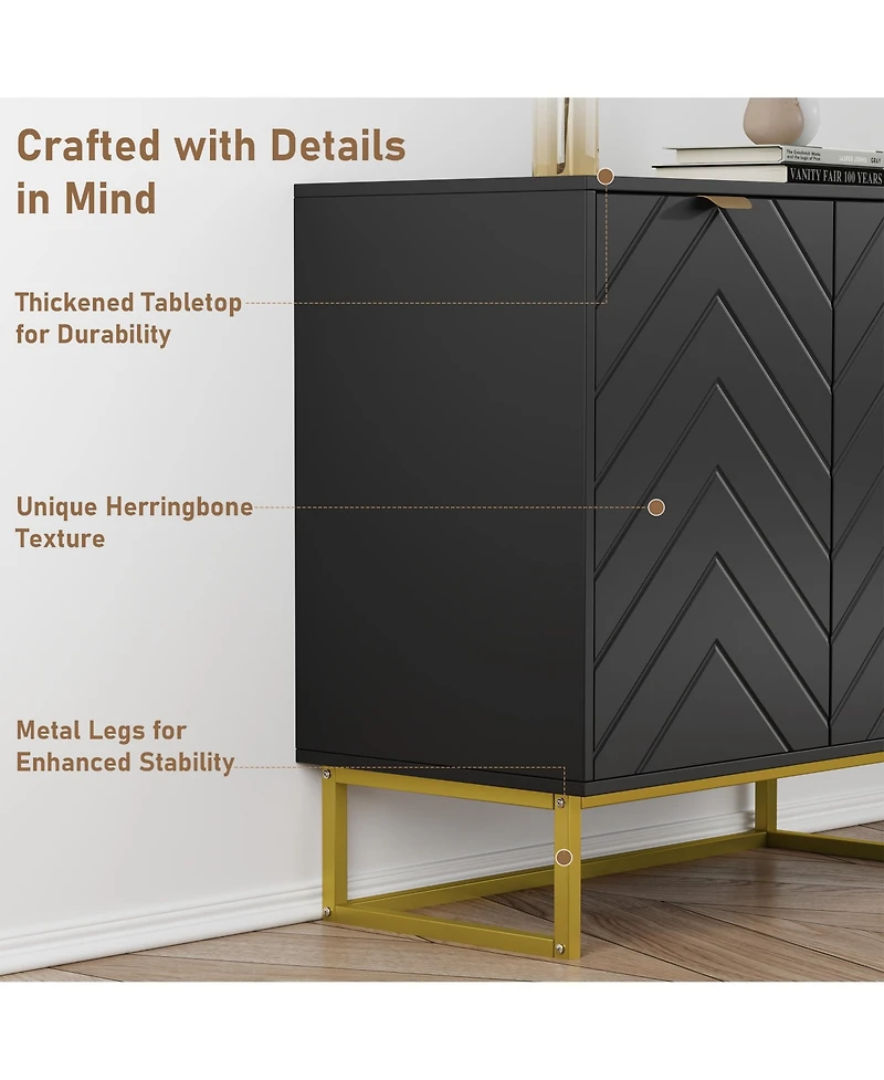 homfan Modern Herringbone Sideboard Buffet with Handles, Storage Console Cabinet Doors for Dining Room, Living Room and Entryway