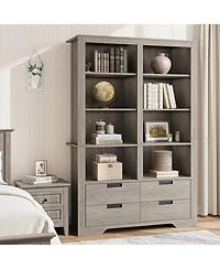 homfan 72 Inch Tall 6-Tier Double Wide Farmhouse Bookshelf with 4 Drawers, Heavy Duty Display Shelf Anti-Tip Kit for Living Room and Home Office